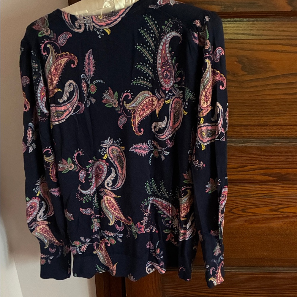 Talbots Navy Paisley Long Sleeve Top with Pink & Purple Accents - Picture 5 of 5
